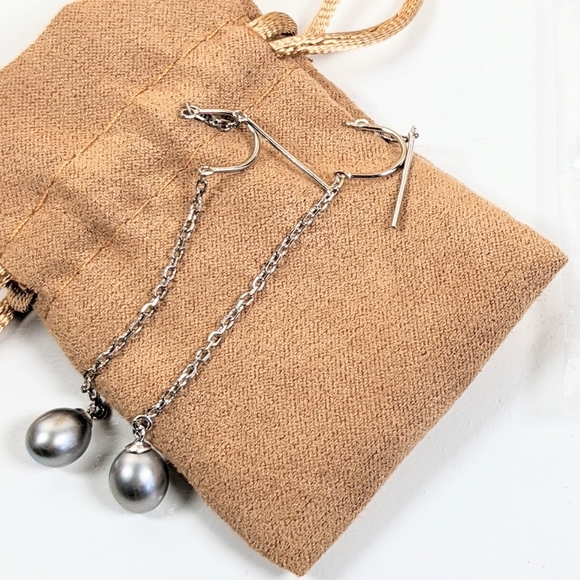 Pearl on sterling chain pull through pierced dangle earrings - Picture 2 of 6